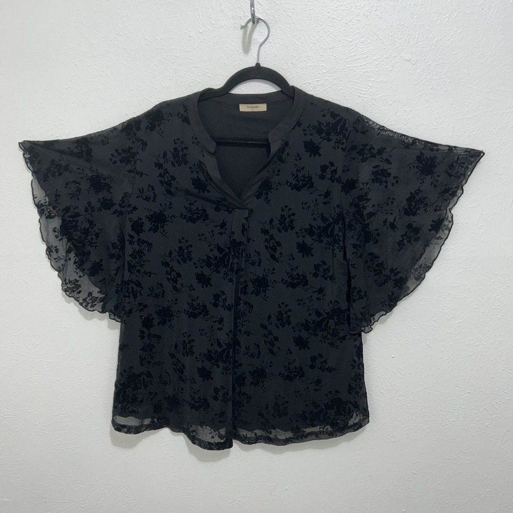 Timeson Top V-Neck Black Lace Velvet Stevie Nicks Boho Goth DarkFloral  Size XL‎